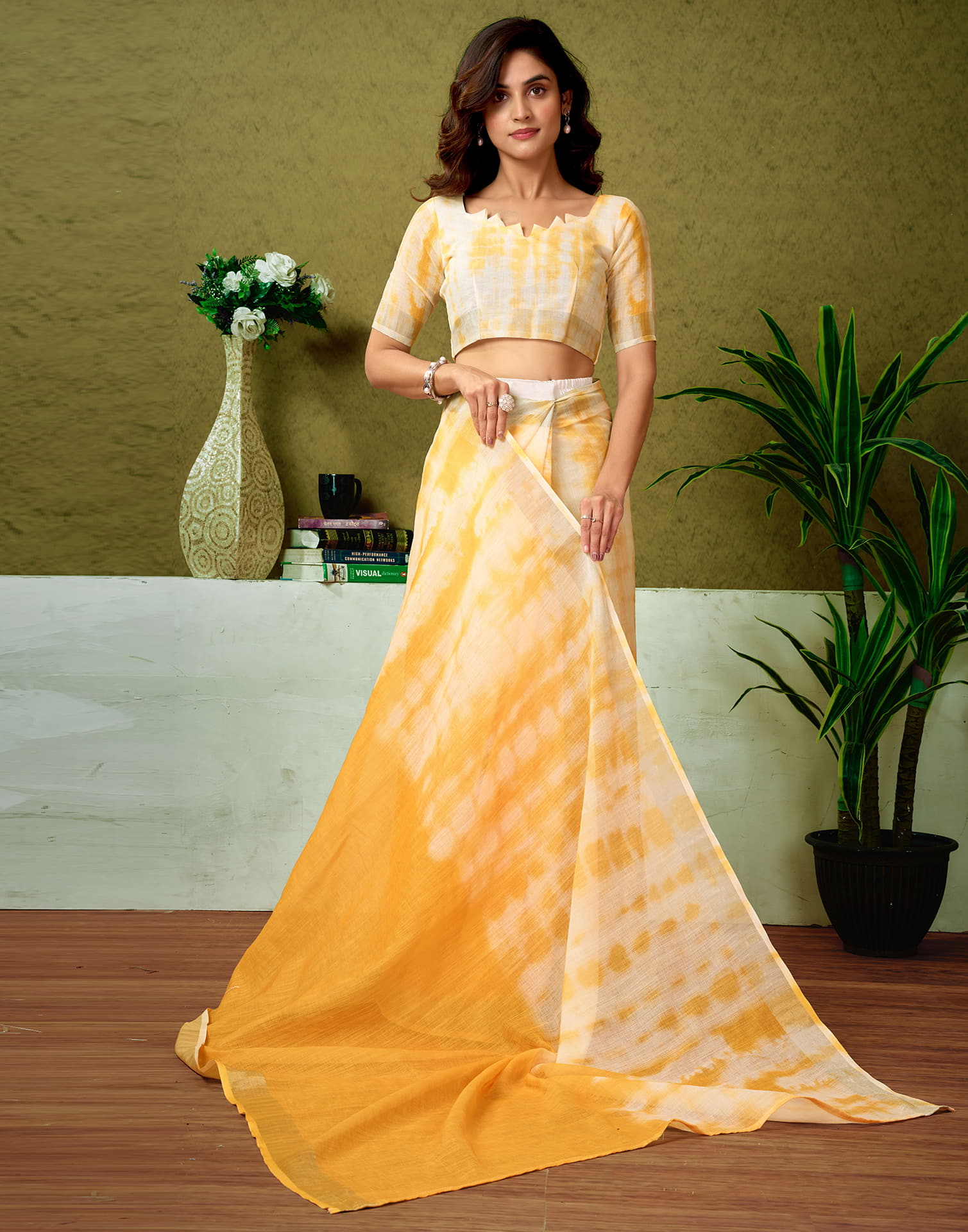 Ready To Wear Yellow Linen Zari Printed Saree