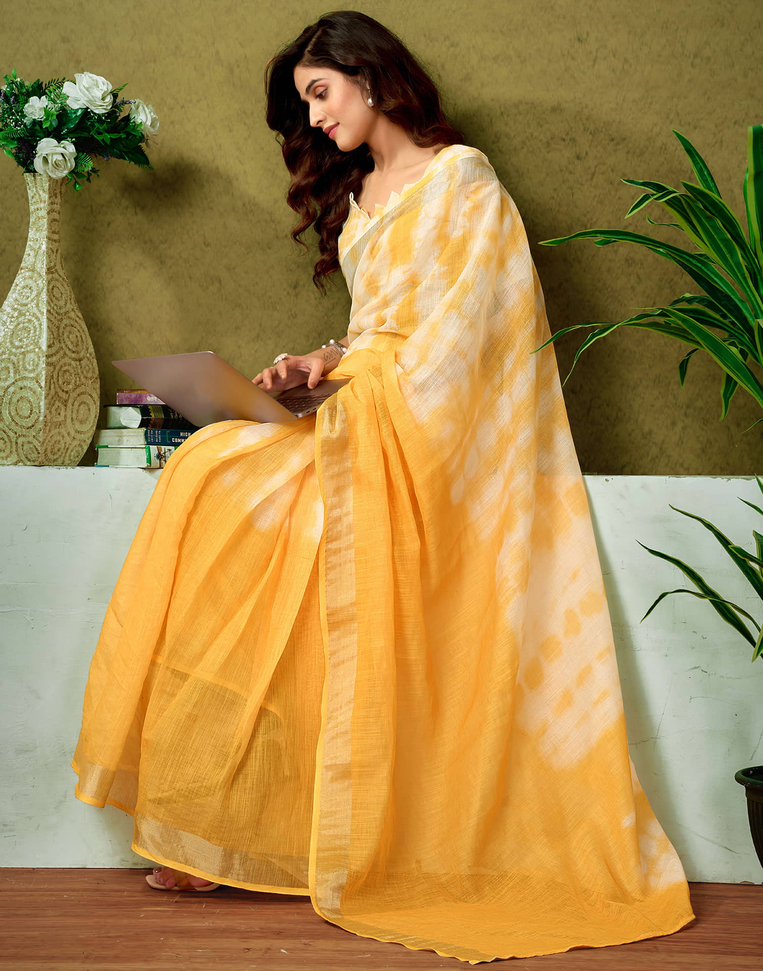 Ready To Wear Yellow Linen Zari Printed Saree