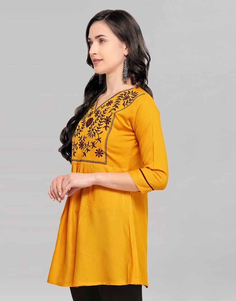 Yellow Coloured Thread Embroidered Rayon Top | Sudathi