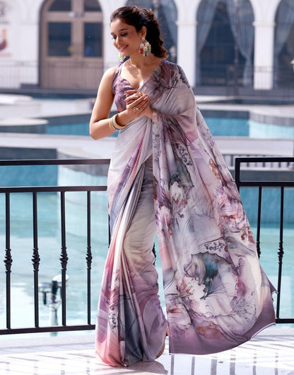 Mauve Satin Printed Saree