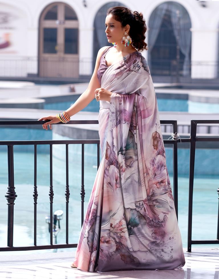 Mauve Satin Printed Saree