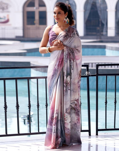 Mauve Satin Printed Saree