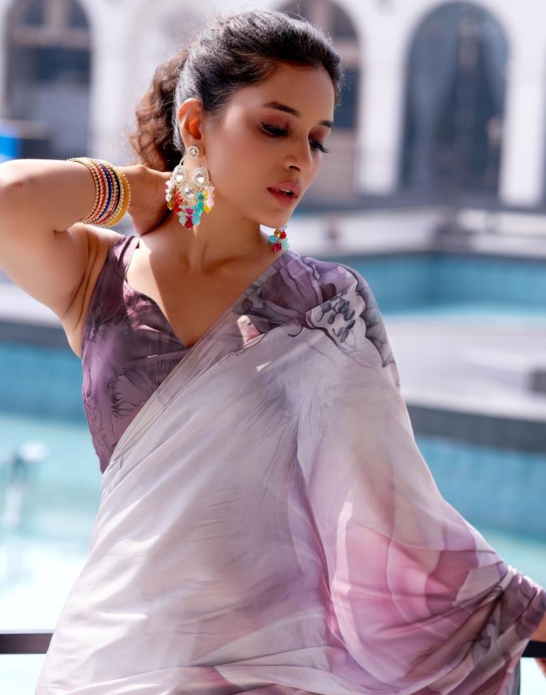 Mauve Satin Printed Saree