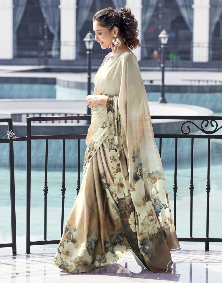 Light Beige Satin Printed Saree