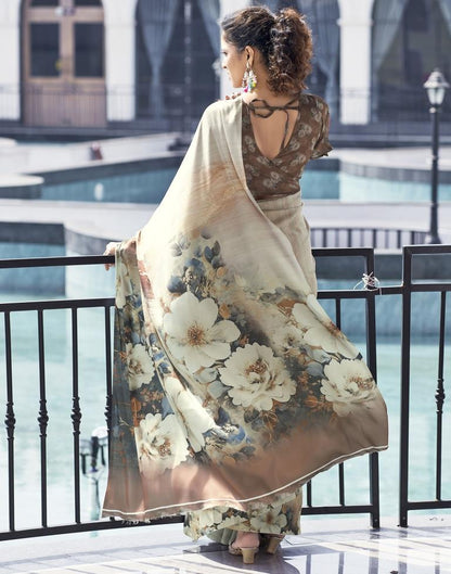 Light Beige Satin Printed Saree