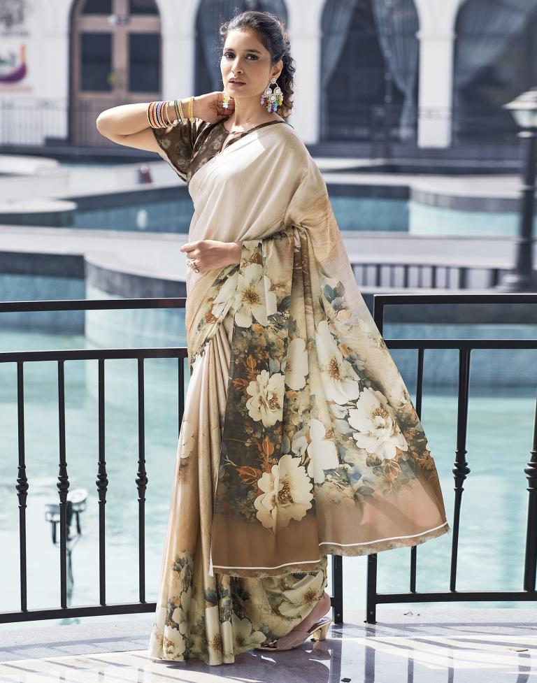 Light Beige Satin Printed Saree