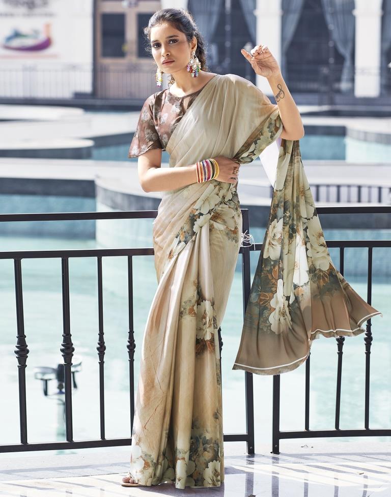 Light Beige Satin Printed Saree