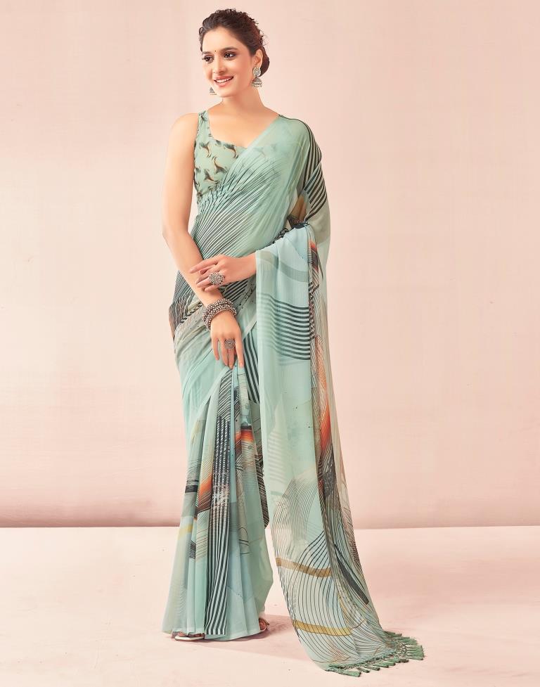 Dusty Green Georgette Printed Saree