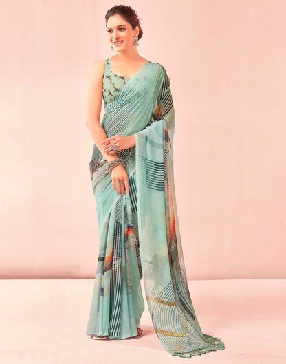 Dusty Green Georgette Printed Saree