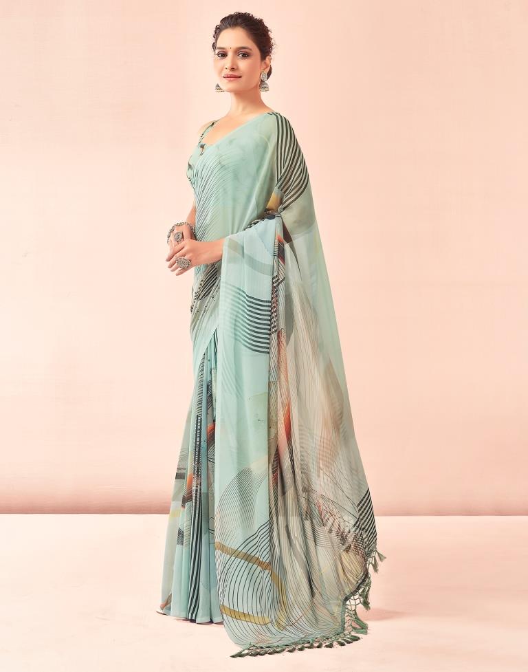 Dusty Green Georgette Printed Saree