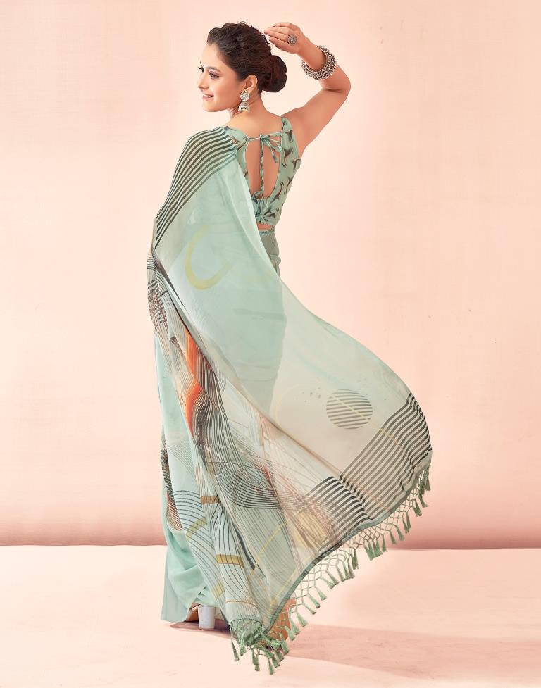 Dusty Green Georgette Printed Saree