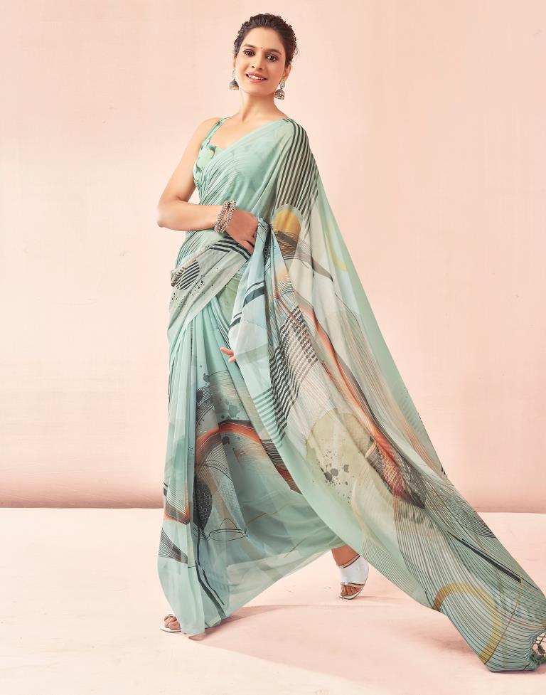 Dusty Green Georgette Printed Saree