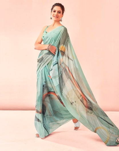 Dusty Green Georgette Printed Saree