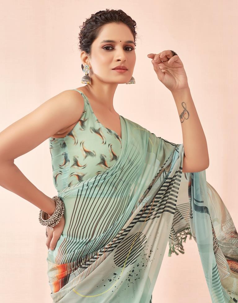 Dusty Green Georgette Printed Saree