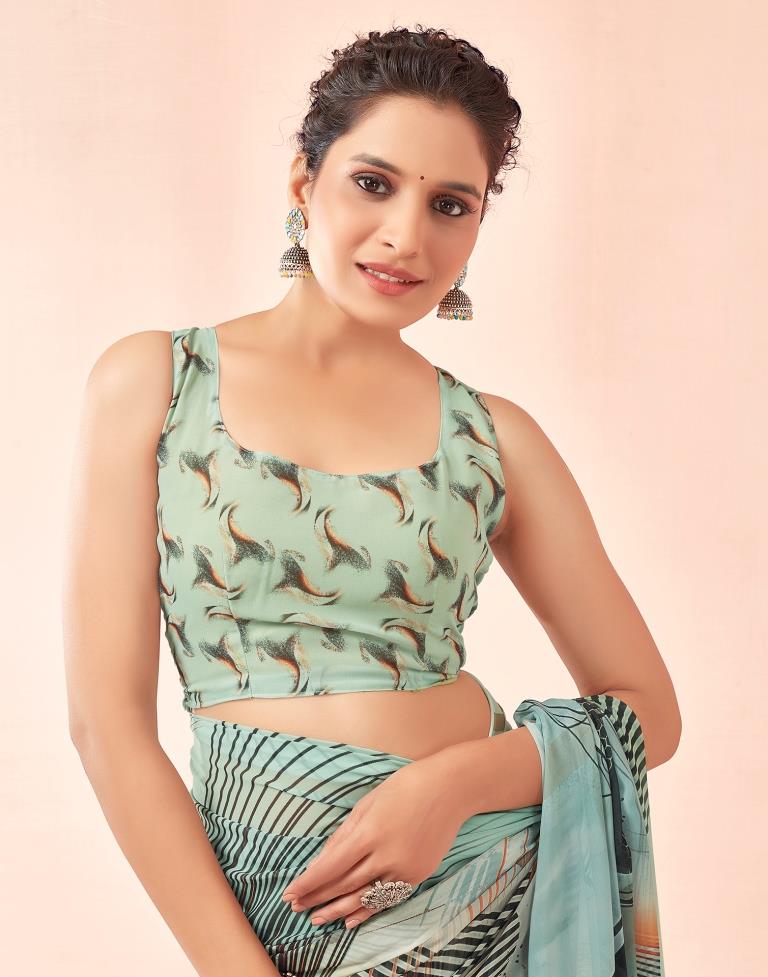 Dusty Green Georgette Printed Saree