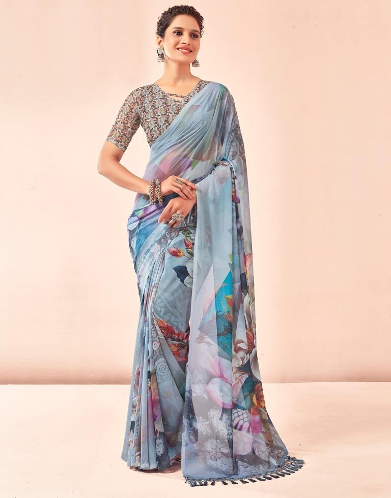 Gray &amp; Multicoloured Georgette Printed Saree