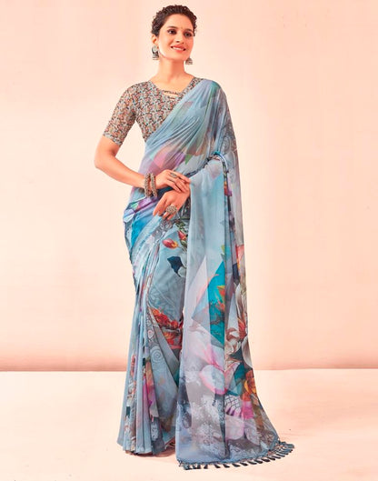 Gray &amp; Multicoloured Georgette Printed Saree