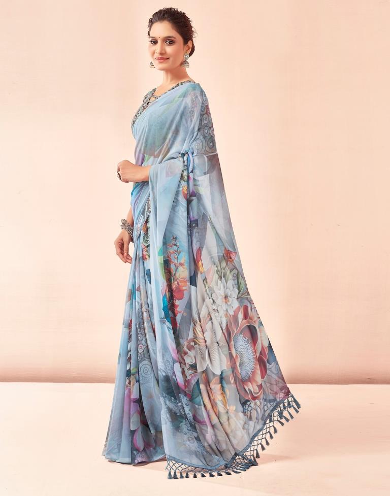 Gray &amp; Multicoloured Georgette Printed Saree