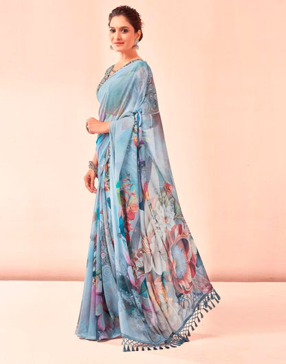 Gray &amp; Multicoloured Georgette Printed Saree