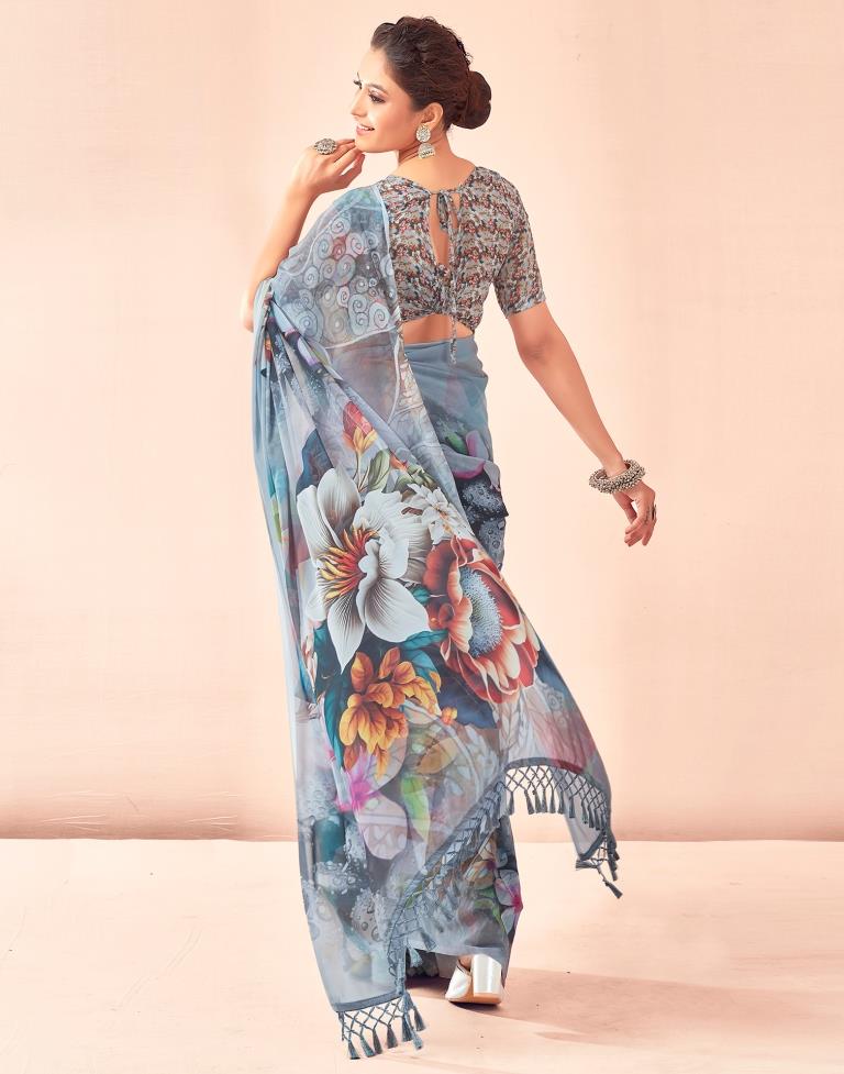 Gray &amp; Multicoloured Georgette Printed Saree