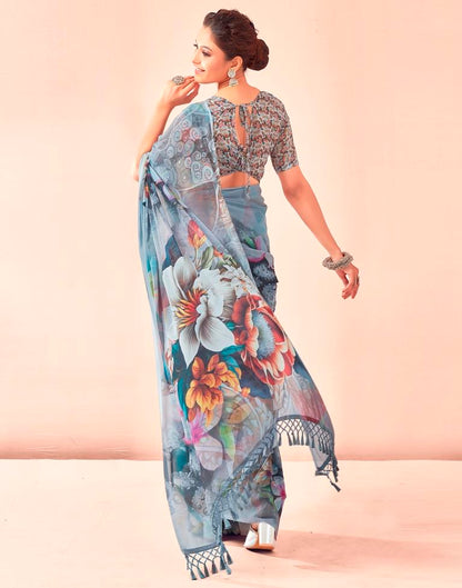 Gray &amp; Multicoloured Georgette Printed Saree