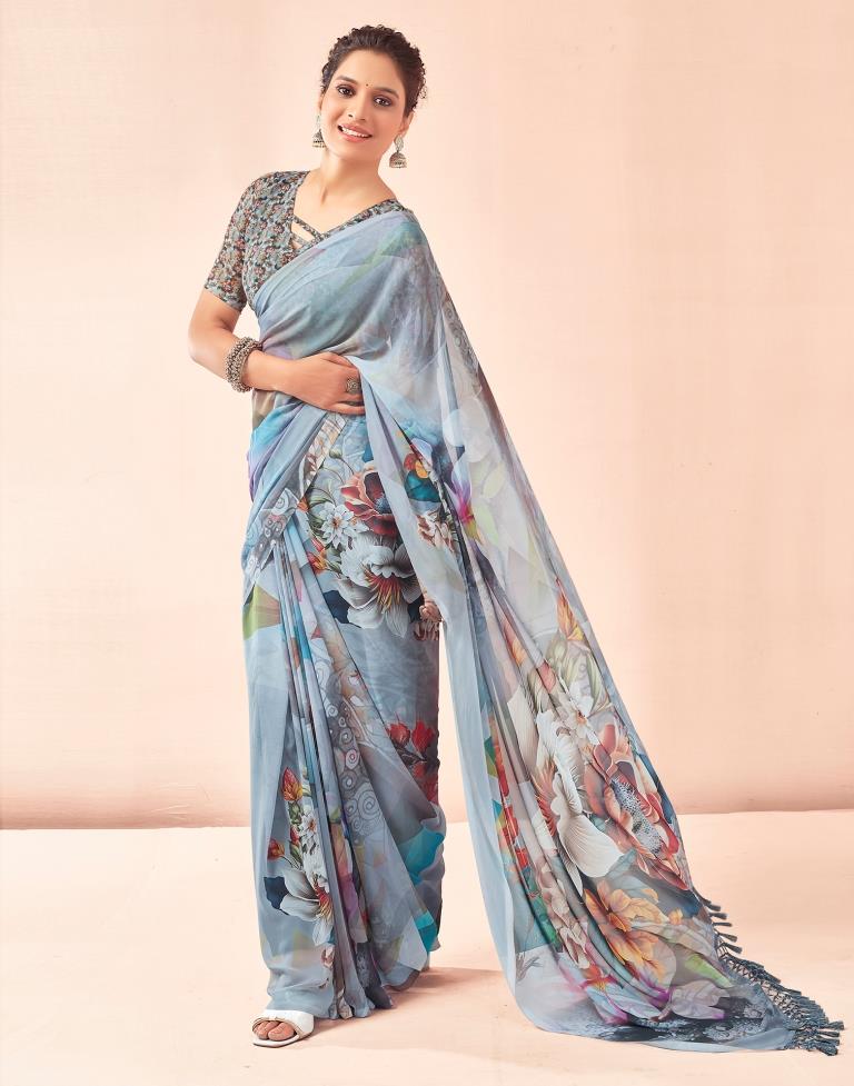 Gray &amp; Multicoloured Georgette Printed Saree