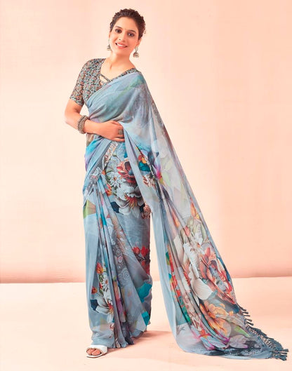 Gray &amp; Multicoloured Georgette Printed Saree