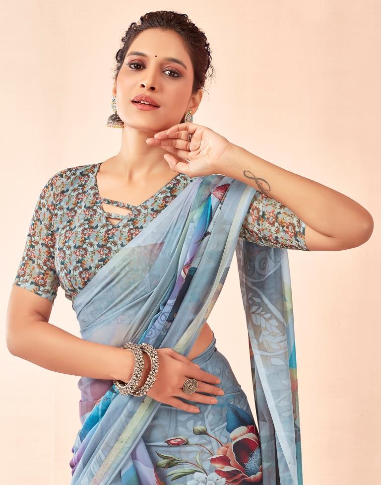 Gray &amp; Multicoloured Georgette Printed Saree