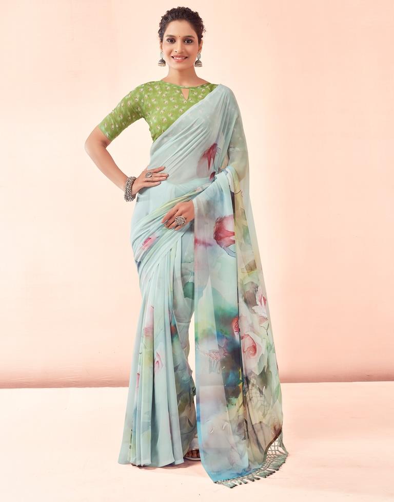 Light Mint Green Georgette Printed Saree