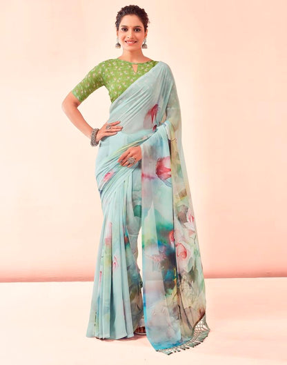 Light Mint Green Georgette Printed Saree