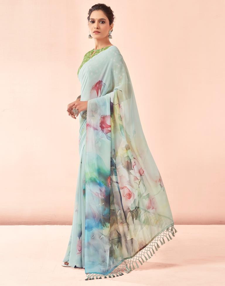 Light Mint Green Georgette Printed Saree