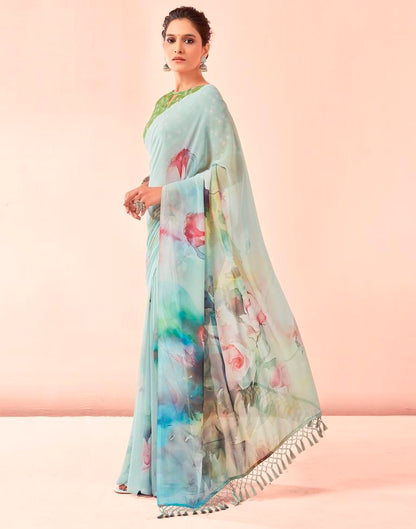 Light Mint Green Georgette Printed Saree