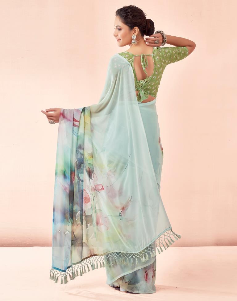 Light Mint Green Georgette Printed Saree