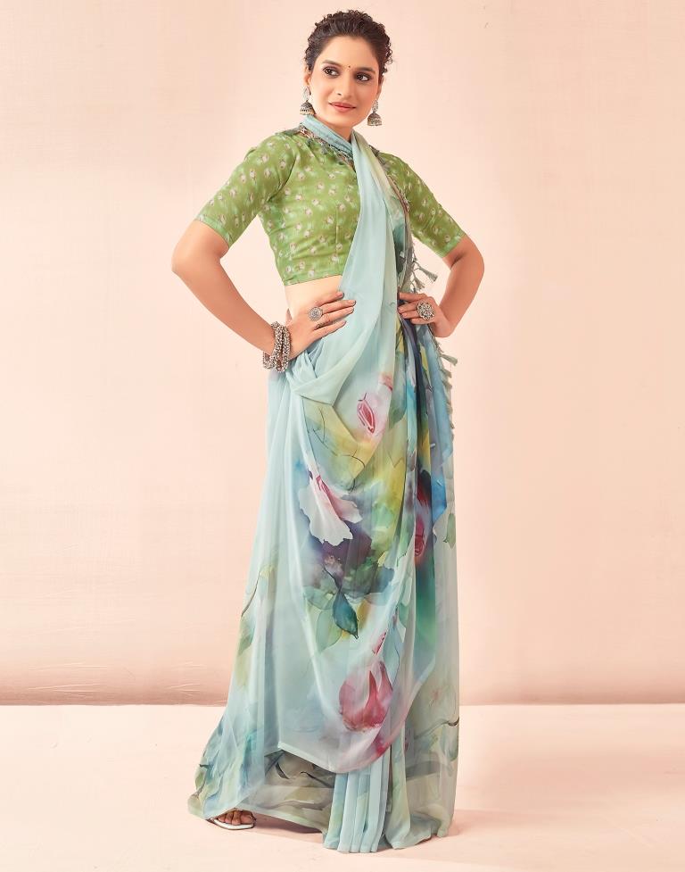 Light Mint Green Georgette Printed Saree