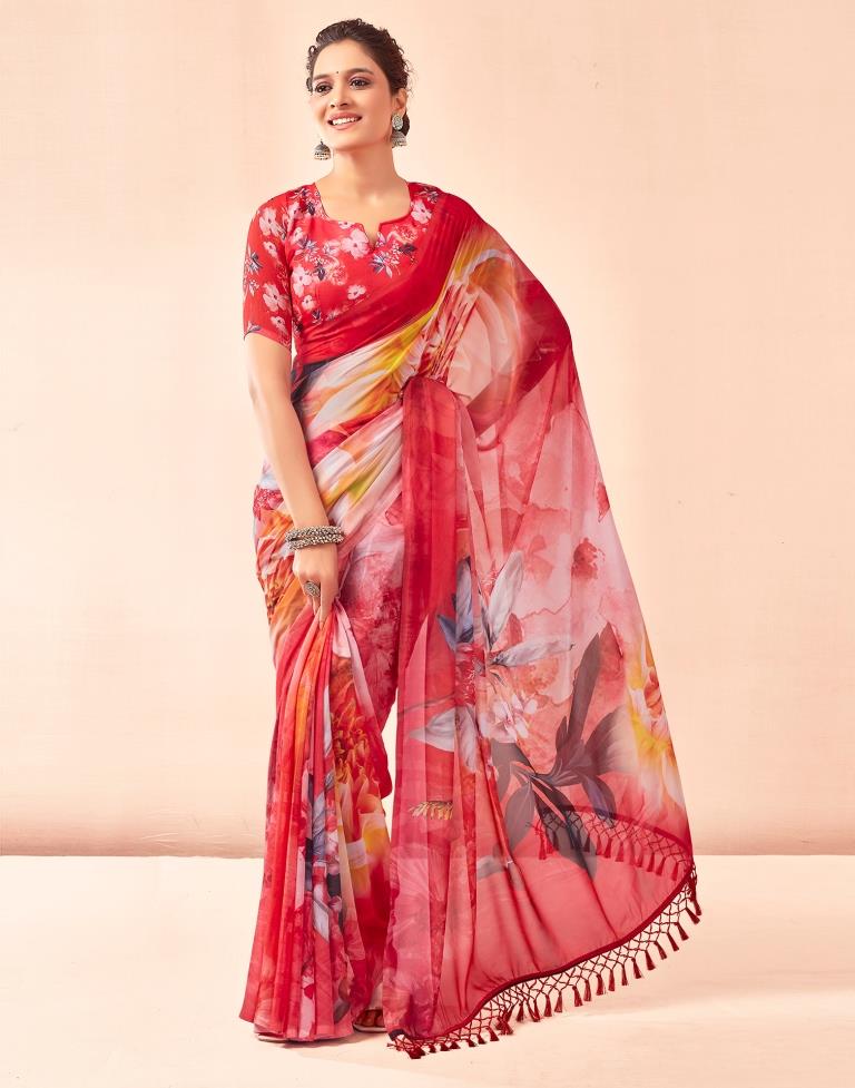 Red Georgette Printed Saree