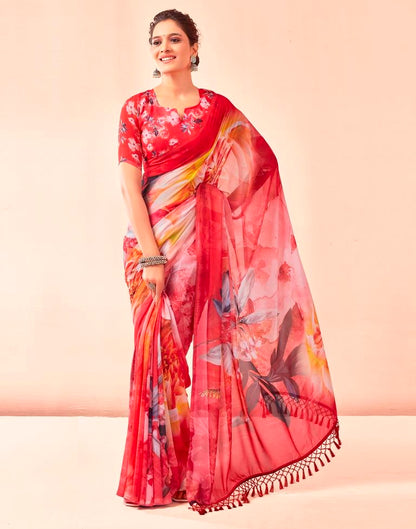 Red Georgette Printed Saree