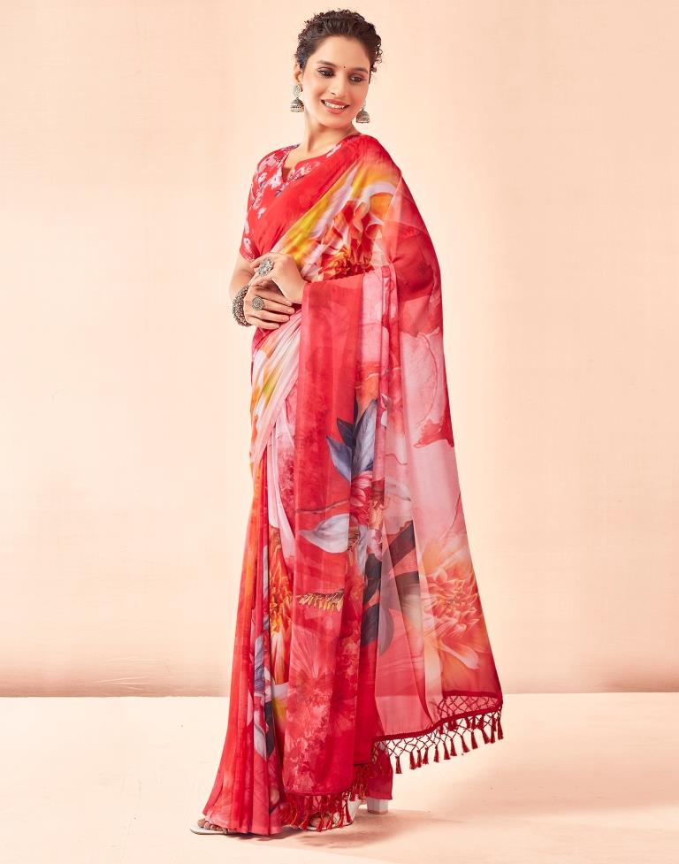 Red Georgette Printed Saree