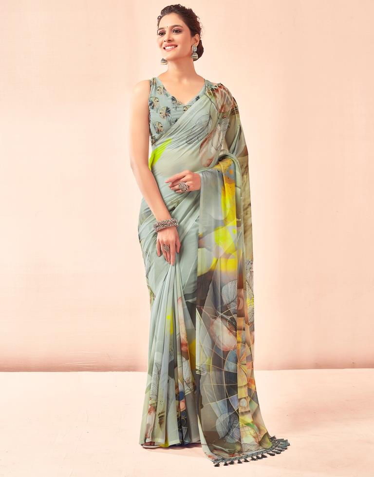 Dusty Green Georgette Printed Saree