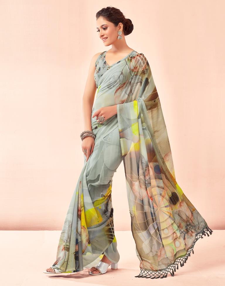 Dusty Green Georgette Printed Saree