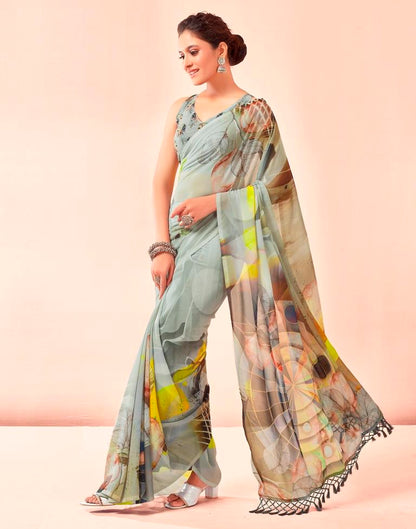 Dusty Green Georgette Printed Saree