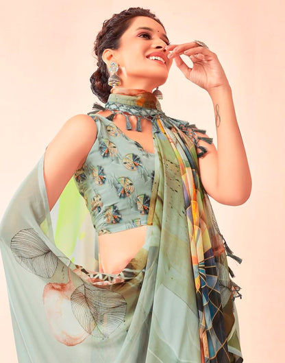 Dusty Green Georgette Printed Saree