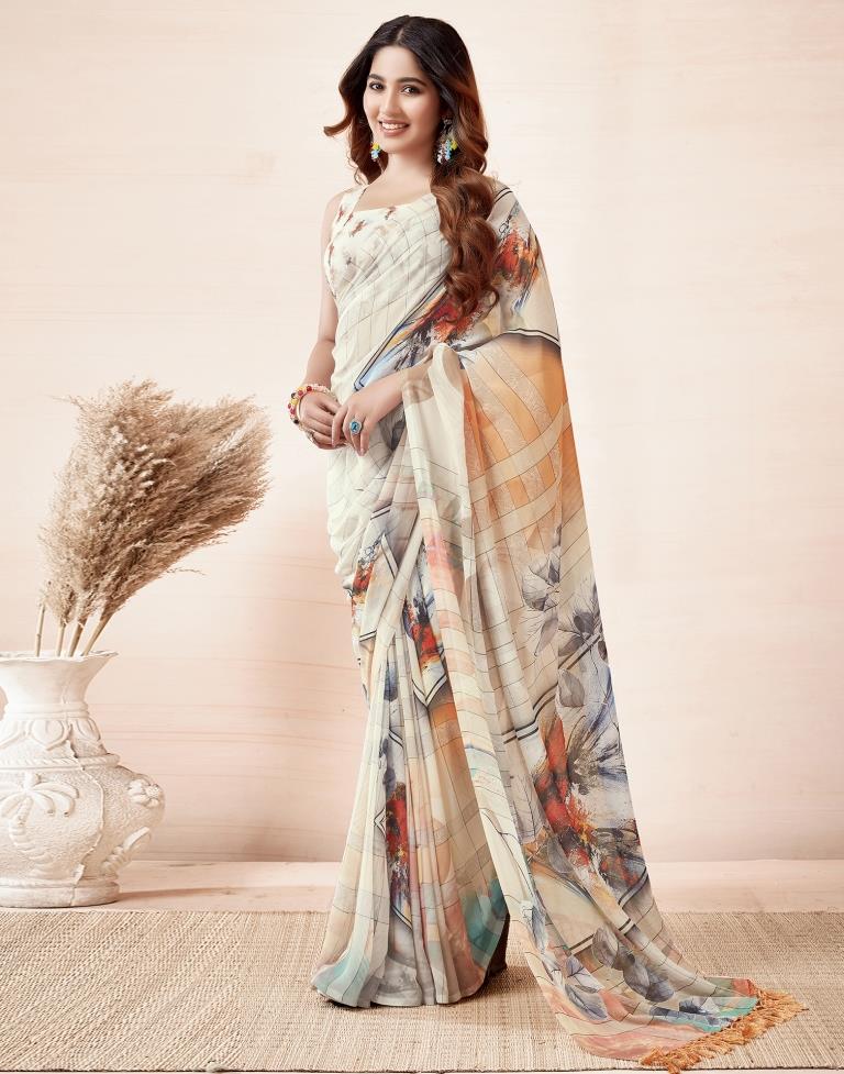 Beige &amp;  Multicoloured Georgette Printed Saree