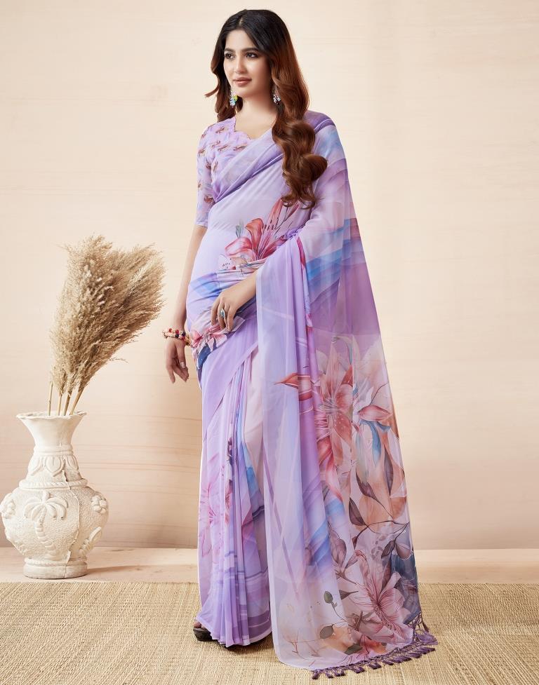 Light Lavender Georgette Printed Saree