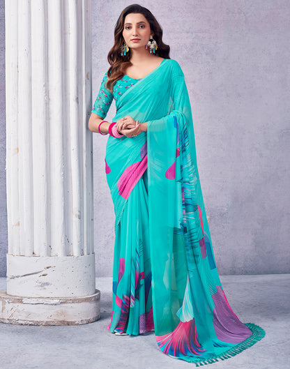 Turquoise Georgette Printed Saree