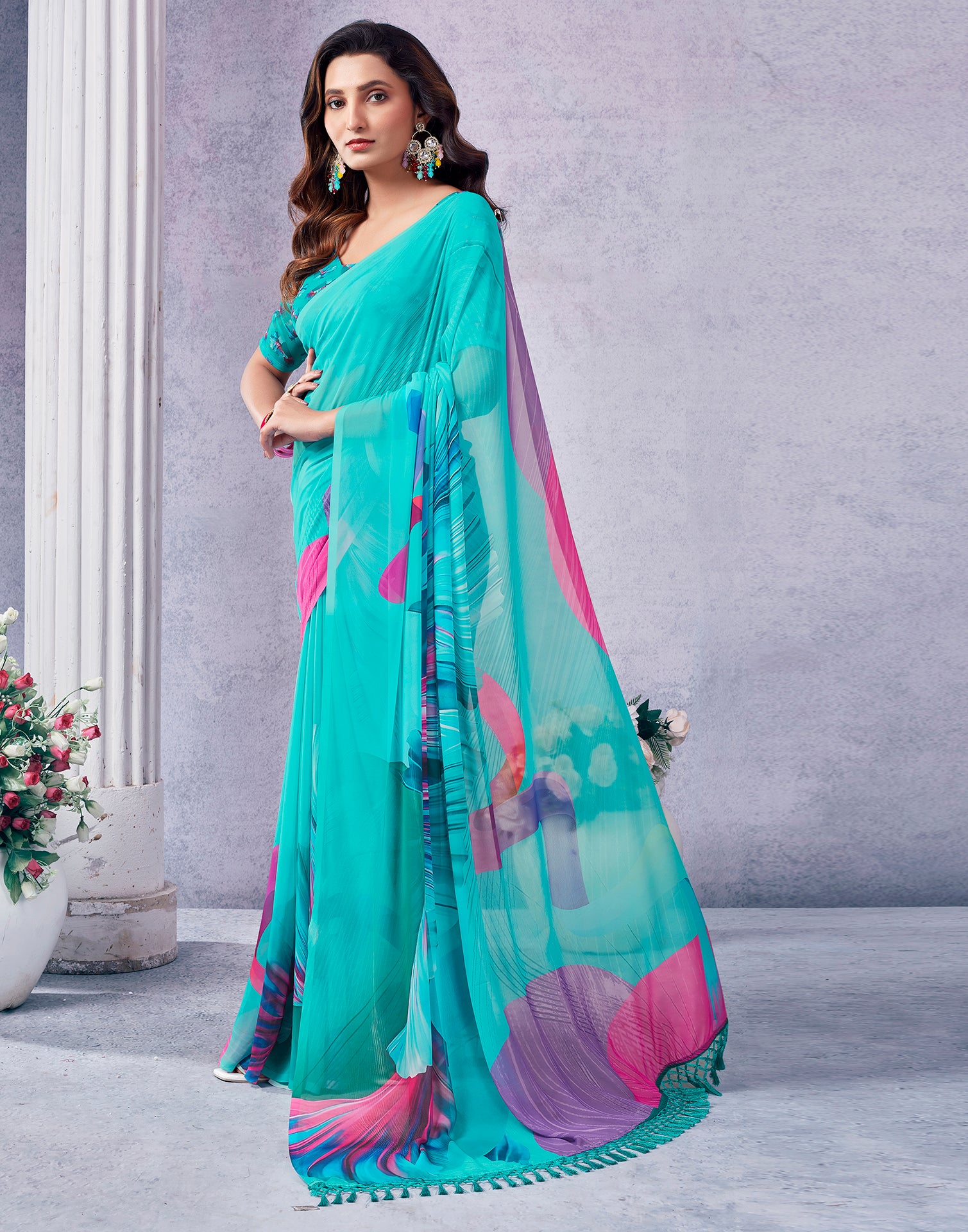 Turquoise Georgette Printed Saree