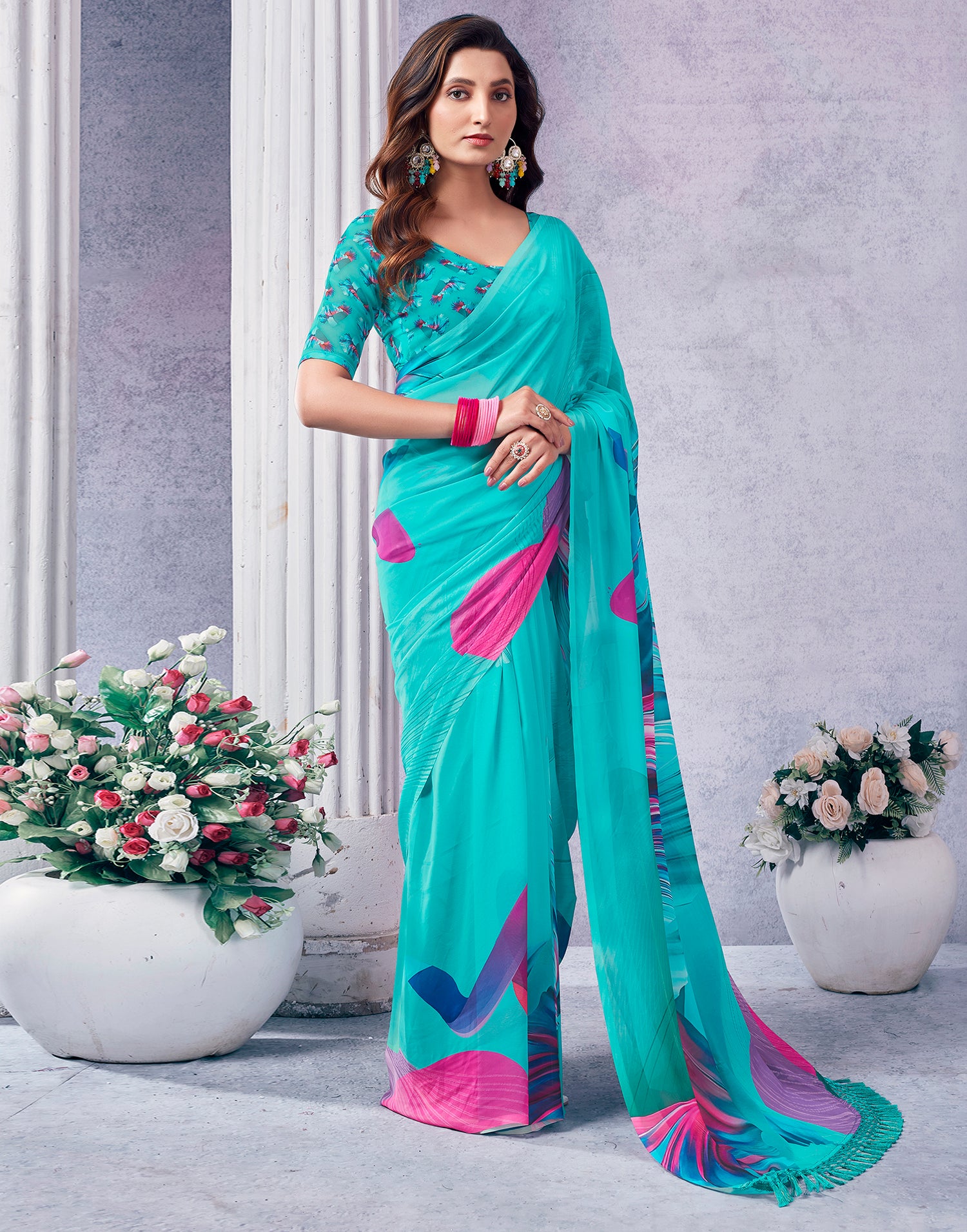 Turquoise Georgette Printed Saree