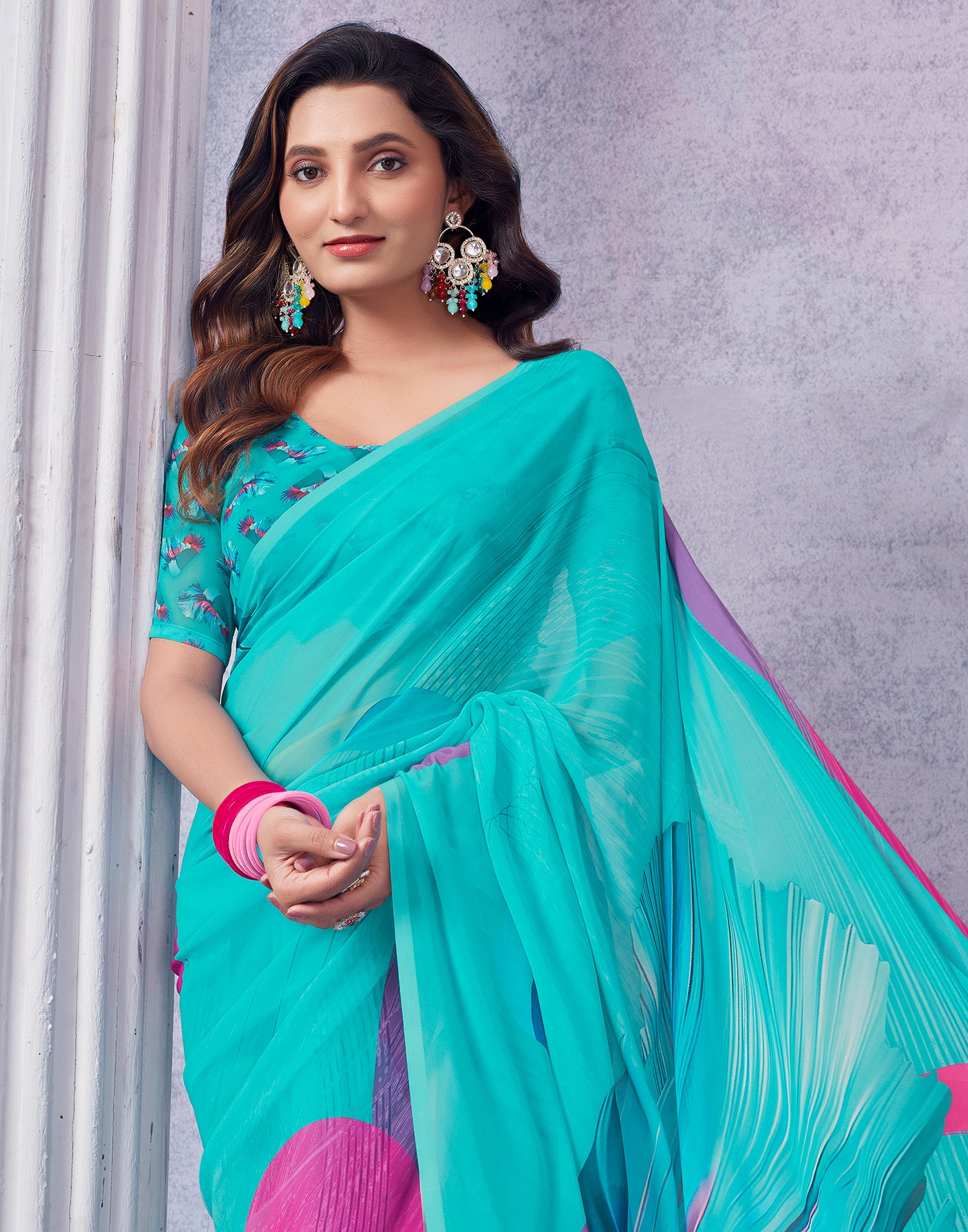 Turquoise Georgette Printed Saree