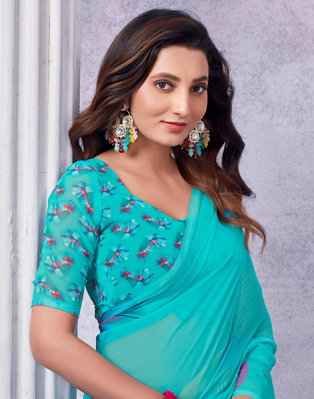 Turquoise Georgette Printed Saree