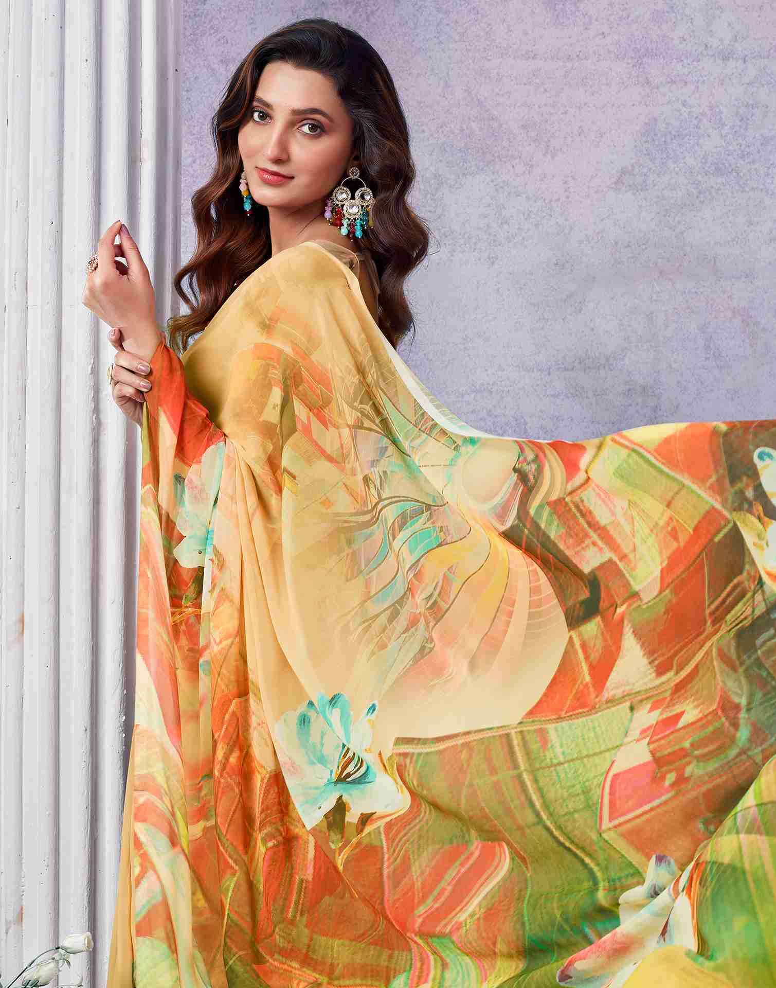 Yellow Georgette Printed Saree