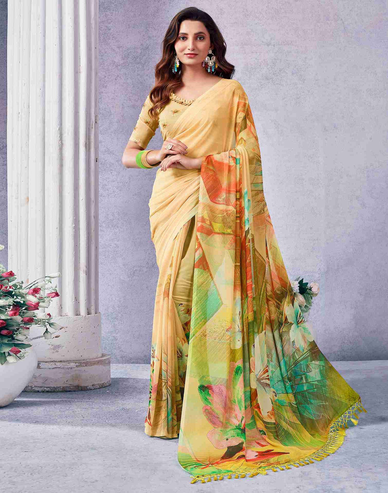 Yellow Georgette Printed Saree